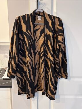 Anne Klein Tiger Stripe Wool Blend Open Cardigan Black Camel Animal Sweater